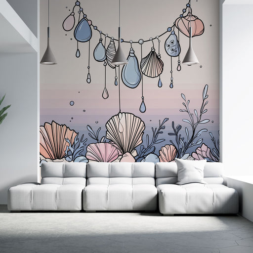 Un salon moderne avec un papier peint illustratif représentant des coquillages et des gouttes d'eau sur un dégradé pastel, créant une ambiance douce et marine.