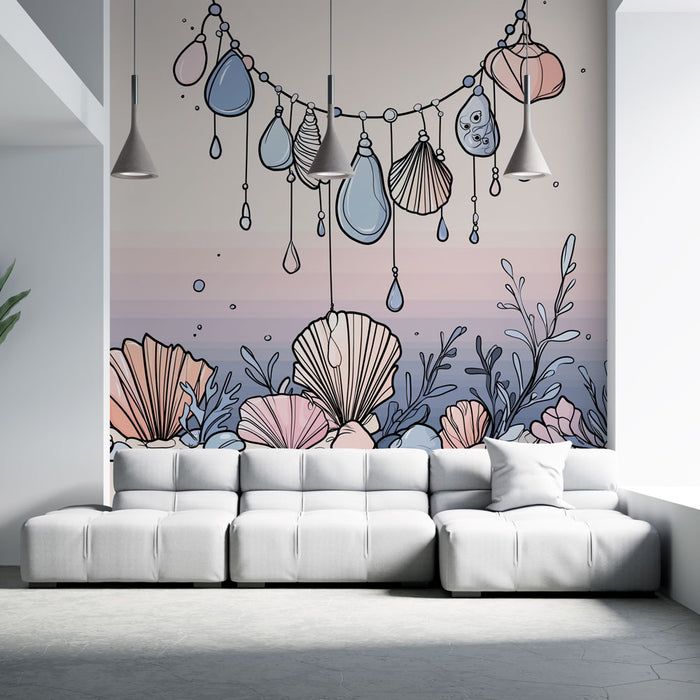 Un salon moderne avec un papier peint illustratif représentant des coquillages et des gouttes d'eau sur un dégradé pastel, créant une ambiance douce et marine.