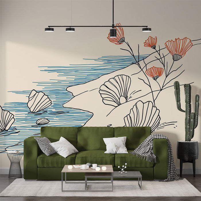 Une pièce moderne avec un papier peint illustrant des coquillages et des fleurs stylisées sur fond beige, créant une atmosphère douce et apaisante.