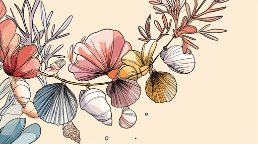 Papier peint coquillages et fleurs Motifs floraux délicats associés à des coquillages colorés