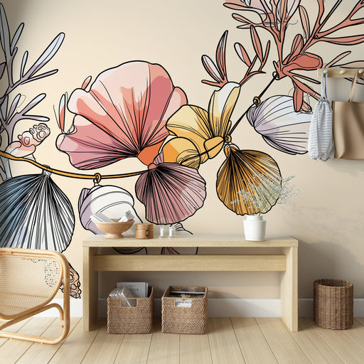 Une salle à manger moderne avec un papier peint floral aux teintes pastel, représentant des fleurs stylisées sur fond beige, créant une ambiance douce et accueillante.