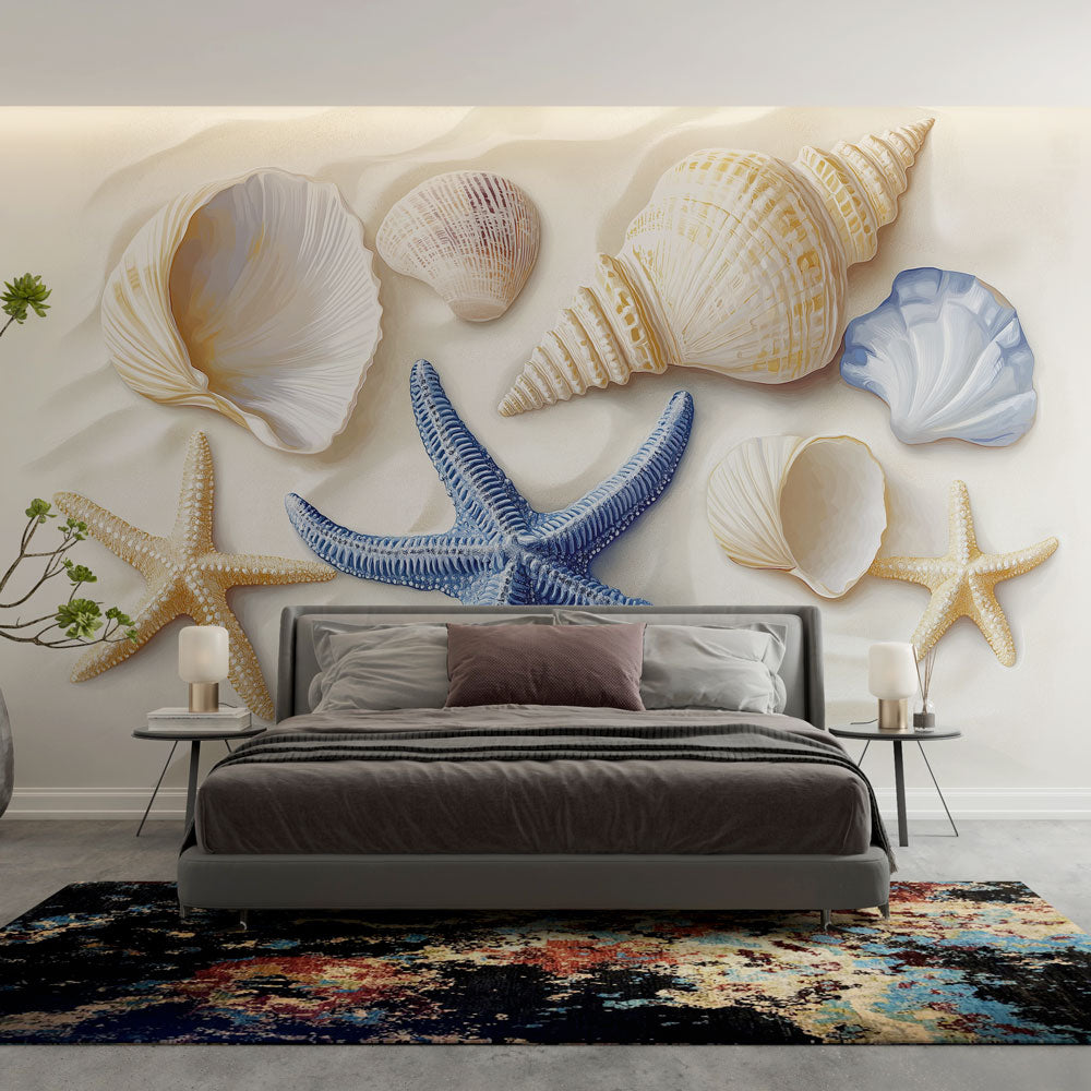 Paréo En Polyester Motif Marin - Algues, Coquillages, étoiles De Mer - 114 Cm De Large - Occasion TBE