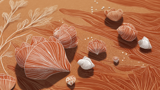 Papier peint coquillages Motif de coquillages en lignes sur fond terre cuite