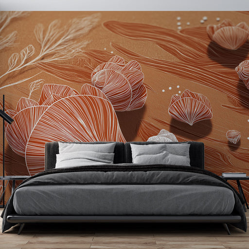Une chambre moderne avec un papier peint texturé brun orangé illustrant des coquillages stylisés en blanc, créant une atmosphère chaleureuse et naturelle.