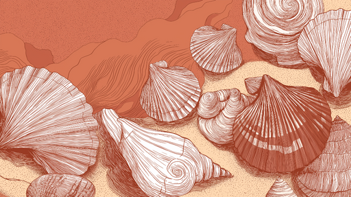 Papier peint coquillages Motifs élégants de coquillages sur fond corail