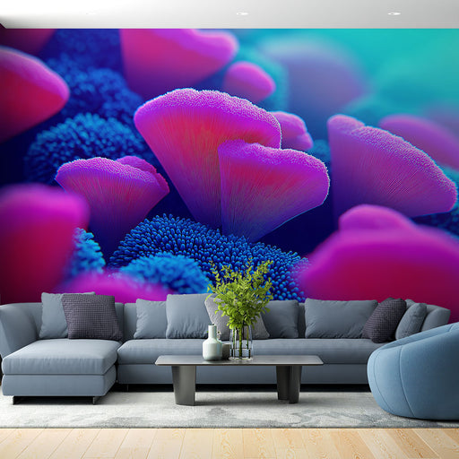 Papier peint corail coloré avec motif sous-marin vibrant en tons roses et bleus pour salon moderne