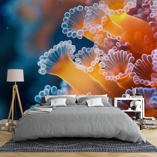 Papier peint corail avec détails colorés de corail dans les profondeurs marines pour décoration de chambre moderne.