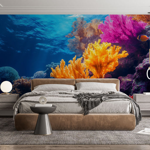 Papier peint corail écosystème sous-marin vibrant avec coraux colorés pour chambre moderne.