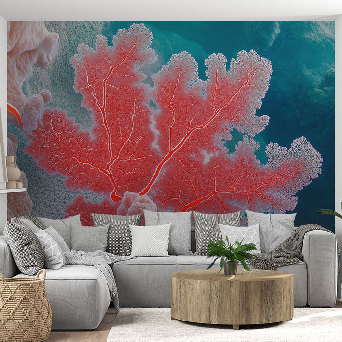 Papier peint corail | Élégant motif de corail rouge sur fond aquatique