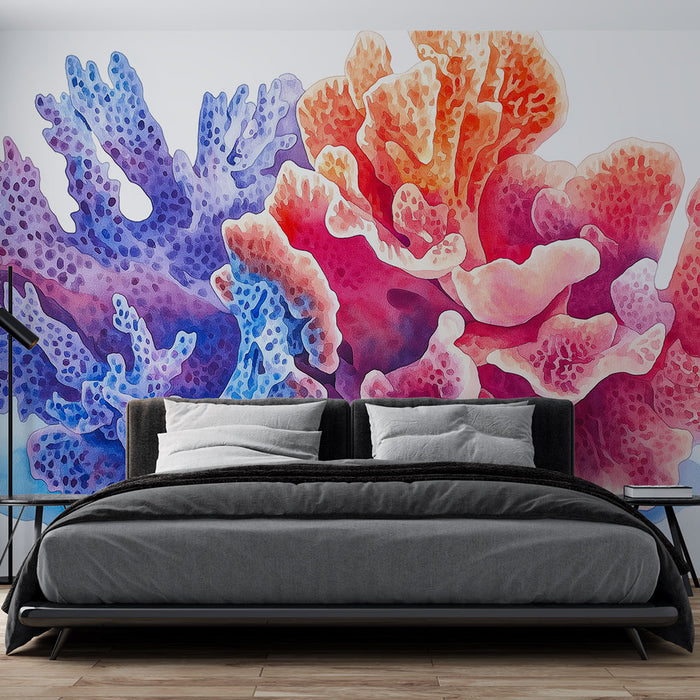 Papier peint corail avec illustration aquarelle de coraux colorés pour chambre moderne.