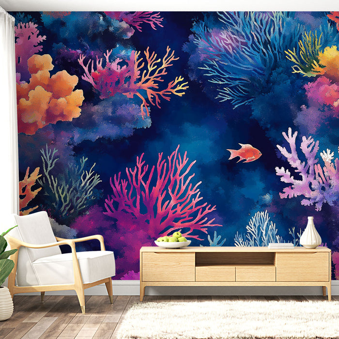 Papier peint corail motif aquatique coloré avec coraux vibrants et poissons pour salon moderne.