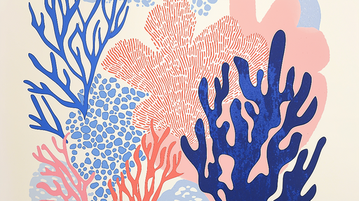 Papier peint corail Motif coloré de coraux stylisés en bleu et rose