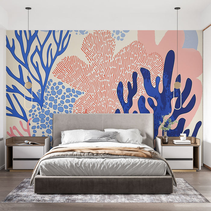 Papier peint corail avec motifs colorés de coraux stylisés en bleu et rose pour chambre moderne.