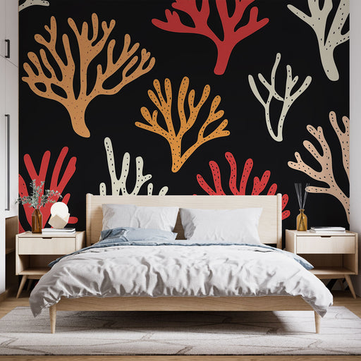 Papier peint corail avec motifs colorés de coraux sur fond noir pour chambre moderne