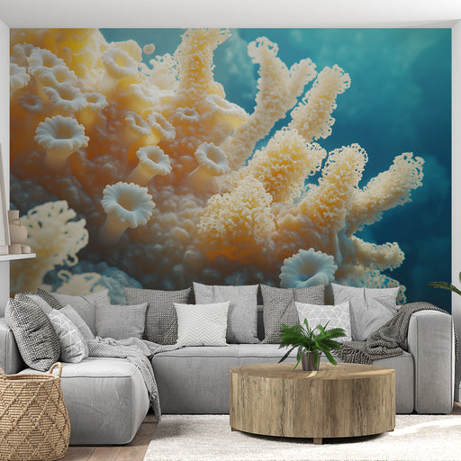 Papier peint corail avec motif de corail coloré et détaillé pour une ambiance marine dans le salon