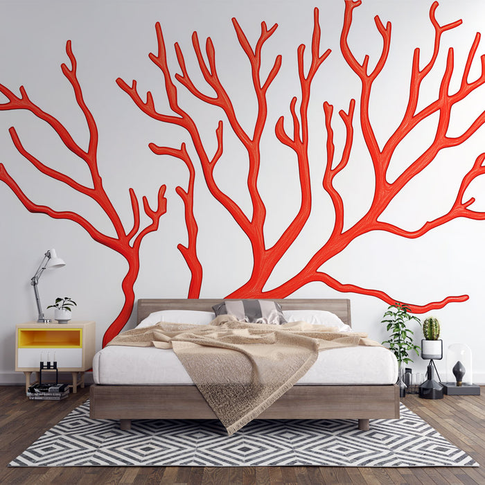 Papier peint corail | Motif de corail rouge sur fond blanc