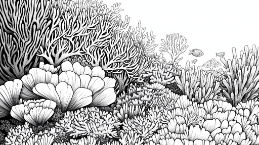 Papier peint corail Motif de coraux et végétation sous-marine en noir et blanc