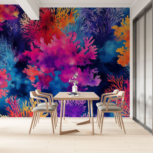 Papier peint corail vibrant avec motifs colorés de coraux sur fond marin pour salle à manger moderne