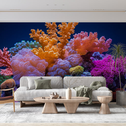 Papier peint corail 3D avec motifs vibrants de coraux multicolores pour salon moderne