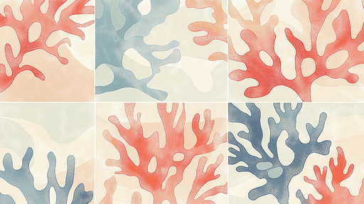 Papier peint corail Motifs aquatiques en nuances douces de rouge et bleu