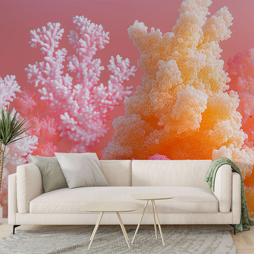 Papier peint corail avec motifs de coraux colorés sur fond dégradé rose pour salon moderne.