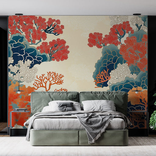 Papier peint corail avec motifs de coraux colorés sur fond beige pour chambre moderne.