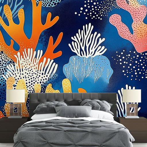Papier peint corail avec motifs vibrants de coraux colorés sur fond marin pour chambre moderne.