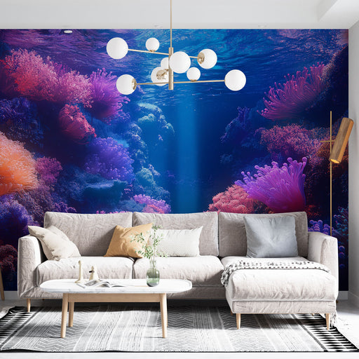 Papier peint corail avec scène sous-marine colorée pour salon moderne