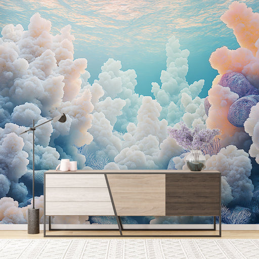 Papier peint corail sous-marin apaisant avec coraux colorés pour décoration murale salon moderne