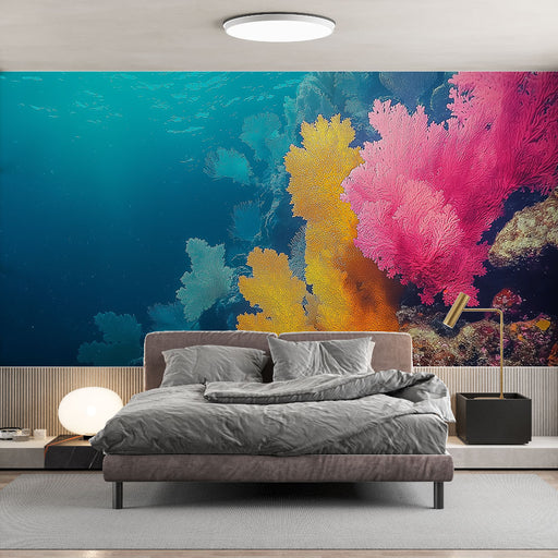 Papier peint décor marin avec coraux colorés en orange et rose pour chambre moderne