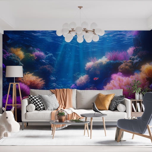 Papier peint corail sous-marin vibrant avec coraux colorés et lumières marines pour salon moderne