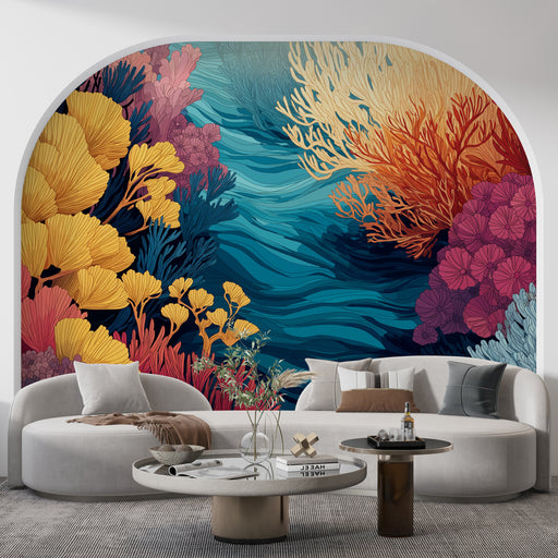 Un salon moderne avec un papier peint aquatique vibrant aux motifs de coraux et algues colorées, évoquant une ambiance marine et apaisante.