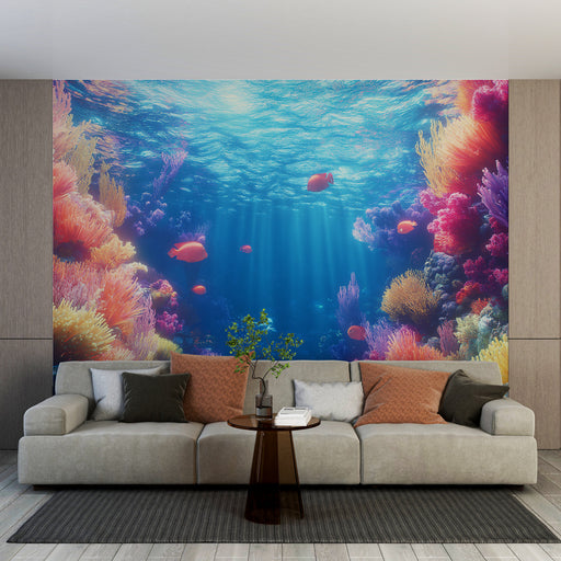 Papier peint corail avec vision sous-marine et coraux colorés pour salon moderne