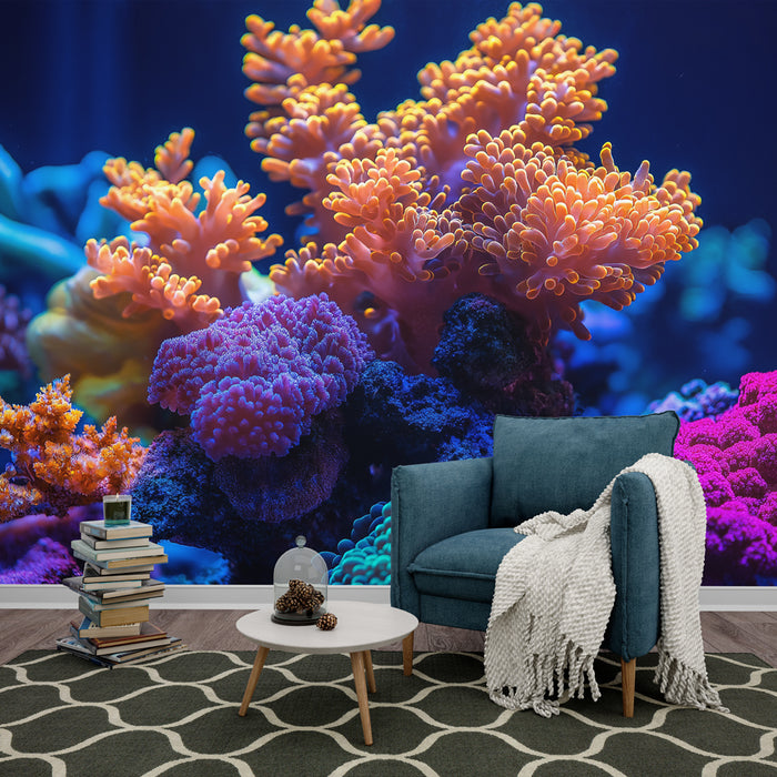 Papier peint coraux marins colorés avec motifs vibrants pour salon moderne