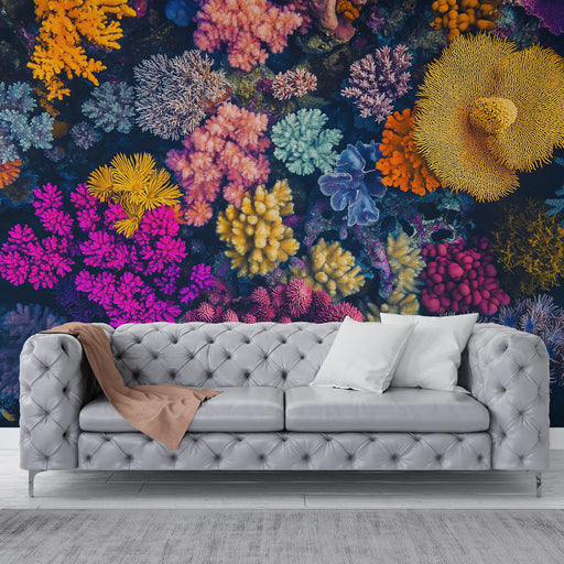Papier peint paysage marin vibrant avec coraux multicolores pour salon moderne