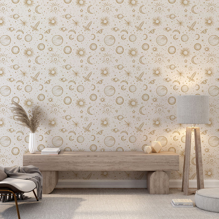 Une chambre moderne avec un papier peint astral beige et doré, orné de motifs de planètes et d'étoiles, créant une ambiance rêveuse et poétique.
