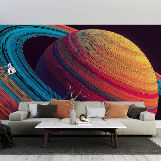 Un salon moderne avec un papier peint spatial représentant une planète colorée entourée de bagues vibrantes, créant une ambiance dynamique et imaginative.