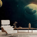 Papier peint cosmos avec planètes stylisées dans un espace infini pour salon moderne