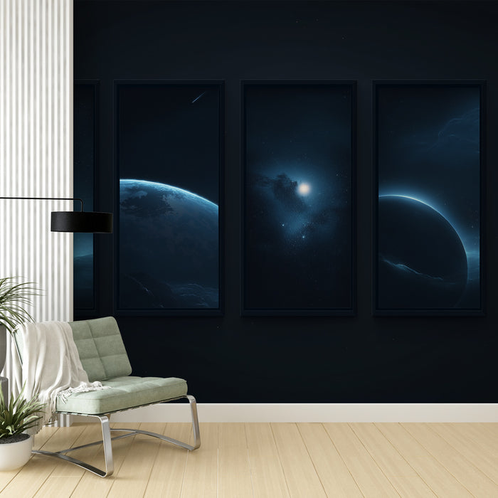Une pièce moderne avec un papier peint représentant des paysages cosmiques en nuances de bleu et noir, créant une atmosphère mystérieuse et apaisante.
