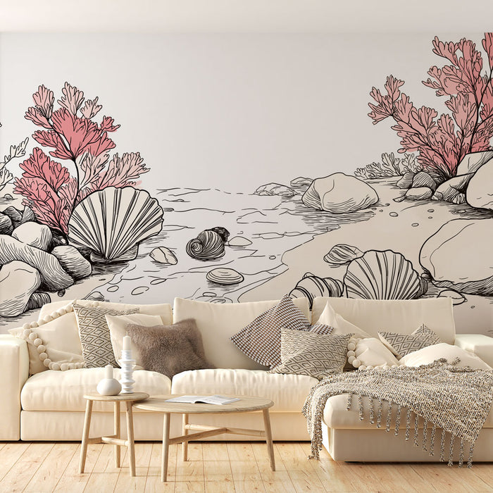 Un salon lumineux avec un papier peint illustrant des coraux et des coquillages en nuances de rose et noir, créant une ambiance marine apaisante.