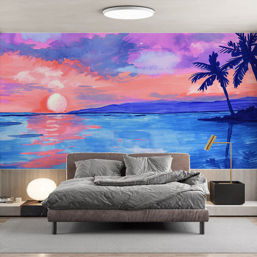 Une chambre moderne avec un papier peint représentant un coucher de soleil vibrant aux teintes roses et bleues, évoquant une atmosphère sereine et tropicale.