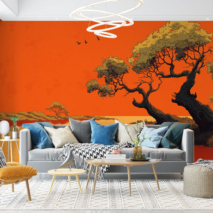 Un salon moderne avec un papier peint artistique représentant un arbre stylisé sur fond orange vibrant, créant une atmosphère chaleureuse et dynamique.