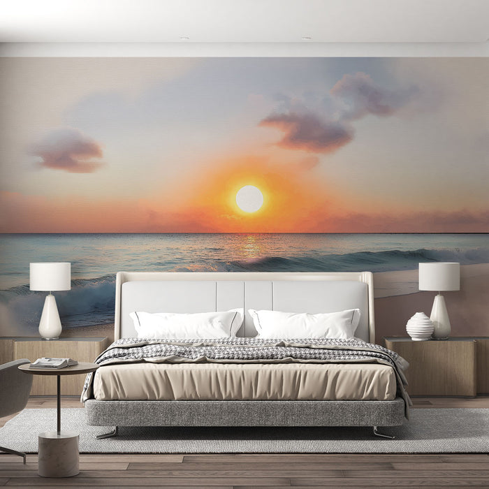 Une chambre apaisante avec un papier peint représentant un coucher de soleil sur la mer, aux teintes douces d'orange et de bleu évoquant une atmosphère sereine et relaxante.