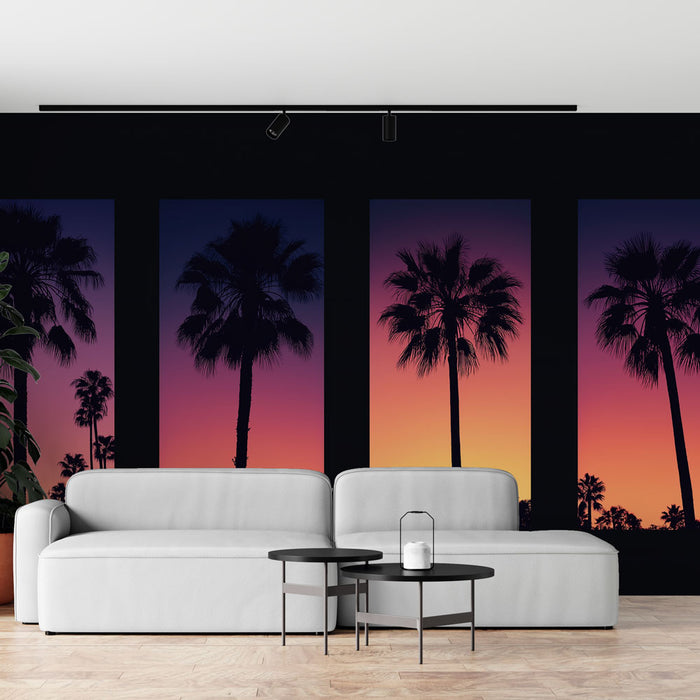 Un salon moderne avec un papier peint représentant des silhouettes de palmiers sur un dégradé de couleurs chaudes évoquant un coucher de soleil tropical.