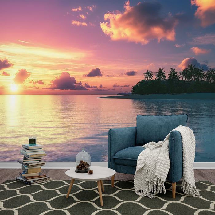 Papier peint coucher de soleil | Île tropicale sous un ciel coloré