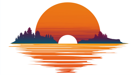 Papier peint coucher de soleil Illustration minimaliste d'un soleil orangé sur un lac calme