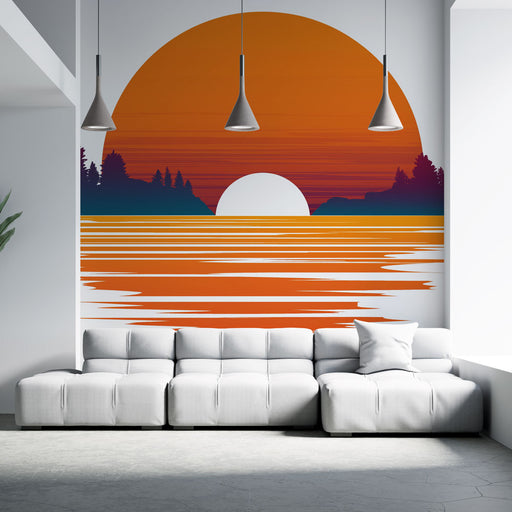 Un salon moderne avec un papier peint représentant un coucher de soleil vibrant aux teintes orange et violet, évoquant une ambiance chaleureuse et apaisante.