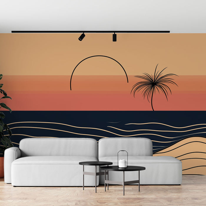 Papier peint coucher de soleil | Illustration minimaliste de plage et océan