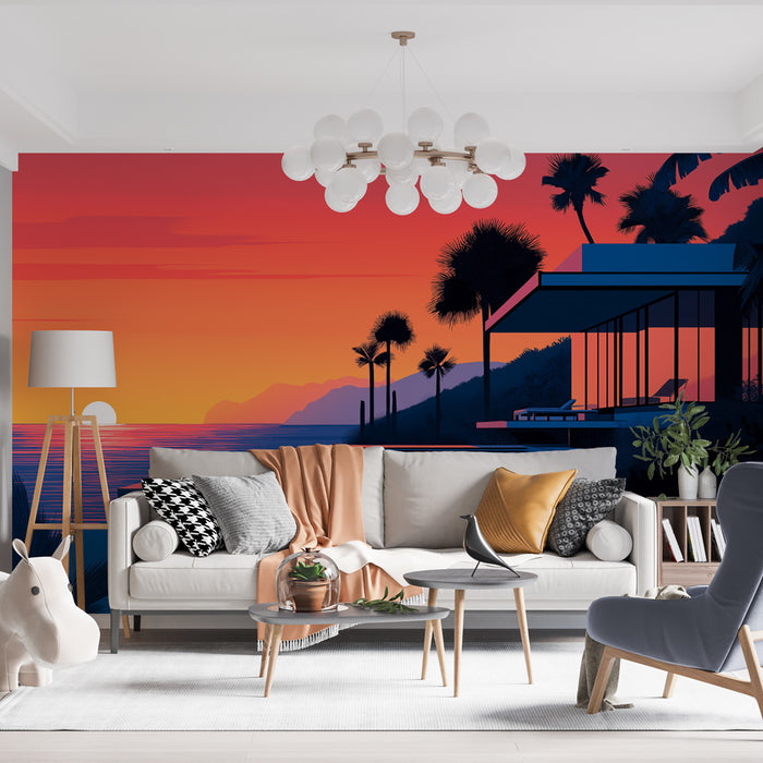 Un salon contemporain avec un papier peint représentant un coucher de soleil vibrant aux teintes orange et violet, évoquant une atmosphère relaxante et estivale.