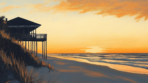 Papier peint coucher de soleil Maison sur pilotis au bord de la mer au crépuscule